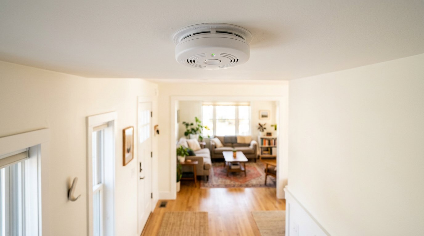 Ceiling smoke detector in a bright home hallway