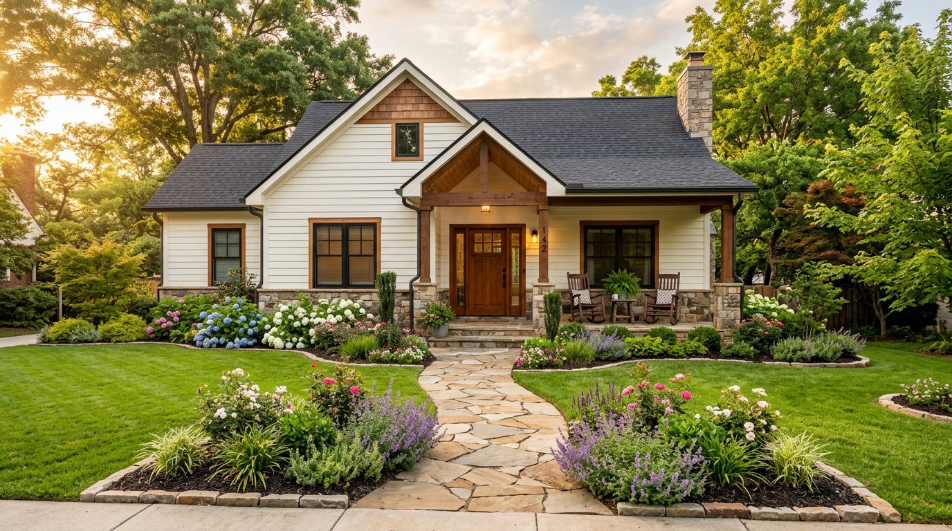 Renovated home exterior with landscaped front garden