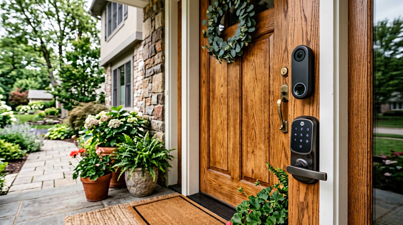 Smart video doorbell and lock on a wooden front door